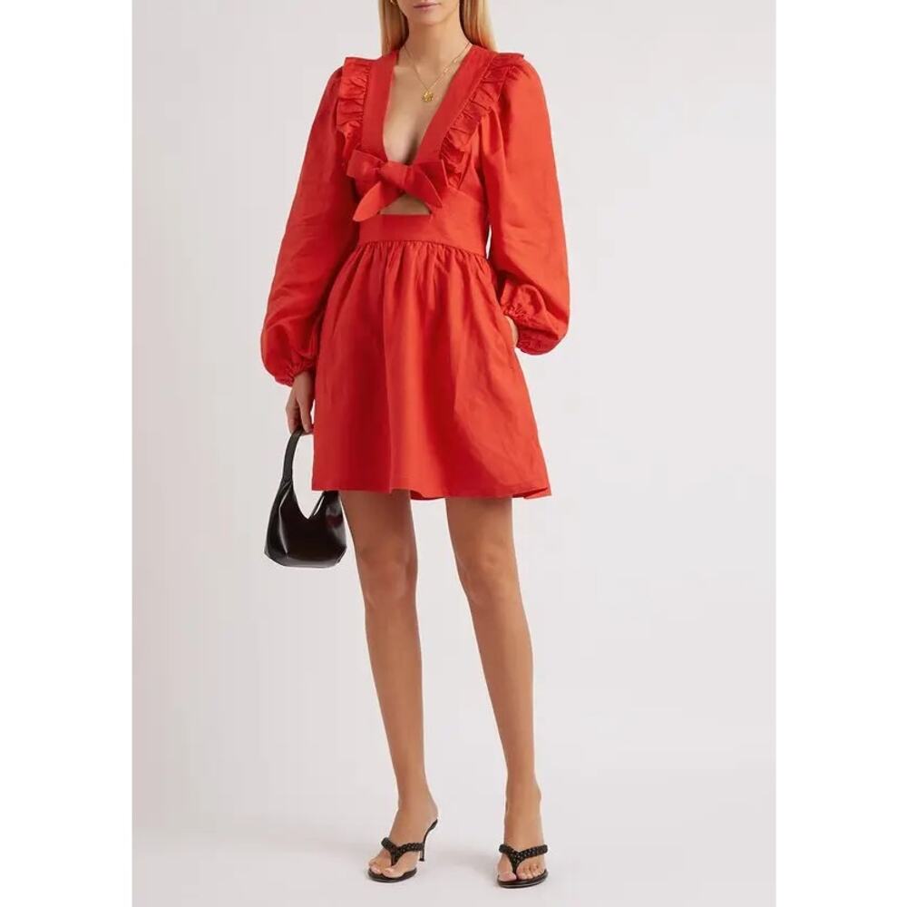 Rebecca Vallance Del Rio Mini Fit & Flare Dress Womens 6 Red Viscose Ruffle Trim